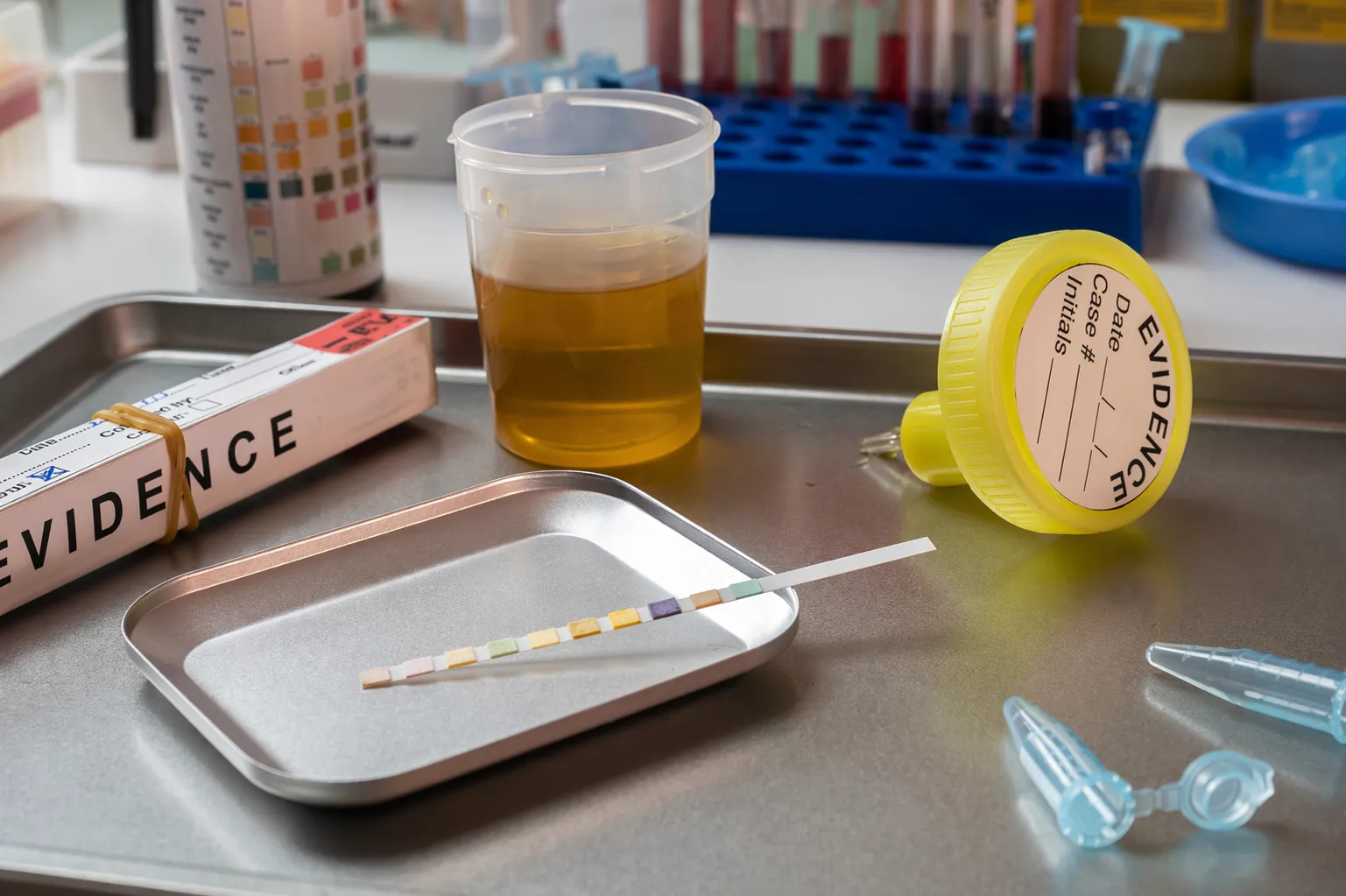 Drug testing evidence specimen analysis amber liquid reagent strip forensic lab pre-employment screening