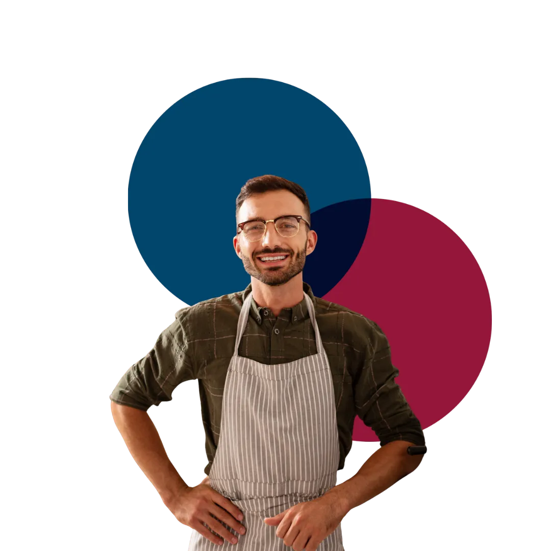 Smiling professional in a striped apron standing confidently in front of overlapping brand-colored circles.