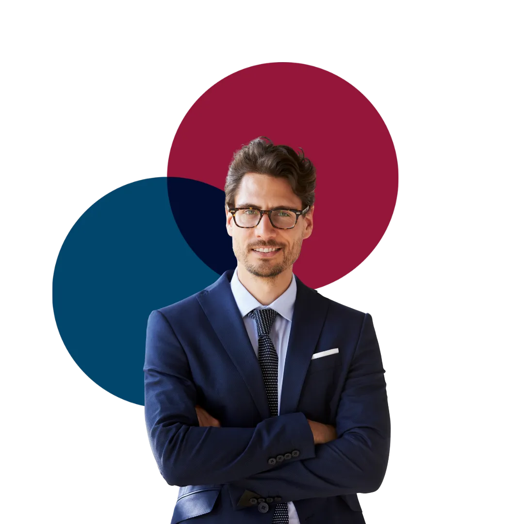 Staffing agency professional in a navy suit against a crimson and navy brand backdrop