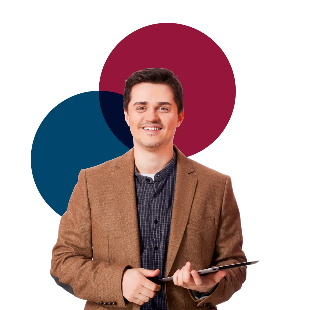 Screening professional holding a tablet, framed by brand circles.