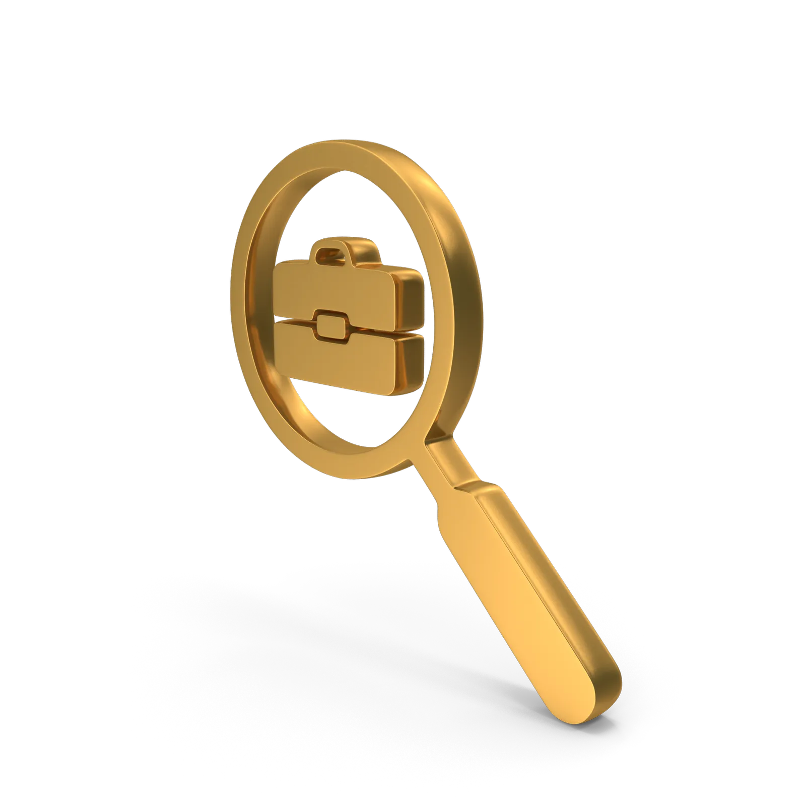 Gold magnifying glass over a briefcase. Standalone icon representing business screening and identity verification.