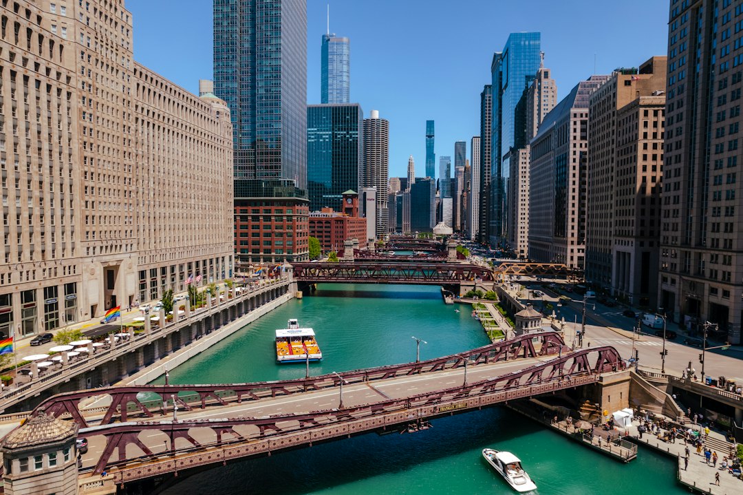 Chicago skyline along the river in Illinois