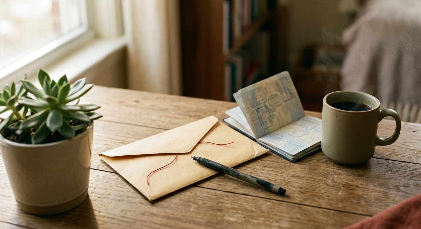 Warm, dignified still life of a manila envelope, pen, and small plant on a wooden desk — symbolizing confidential support and a path forward for survivors.